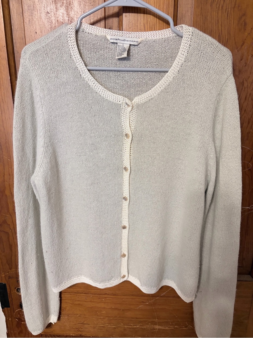 VTG John Paul Richard Silk Angora Knit Cardigan Crochet Trim